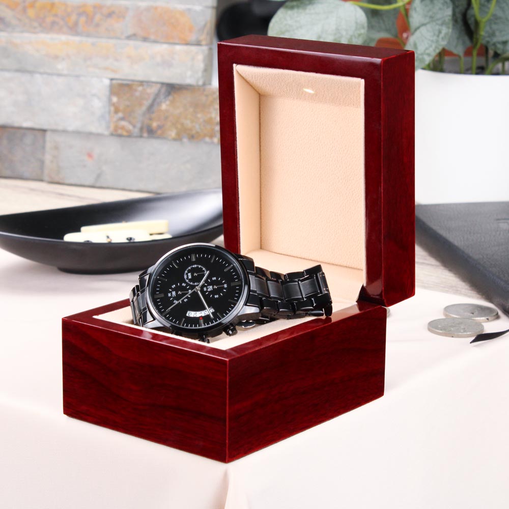 Card Black Chronograph Watch with Engraving