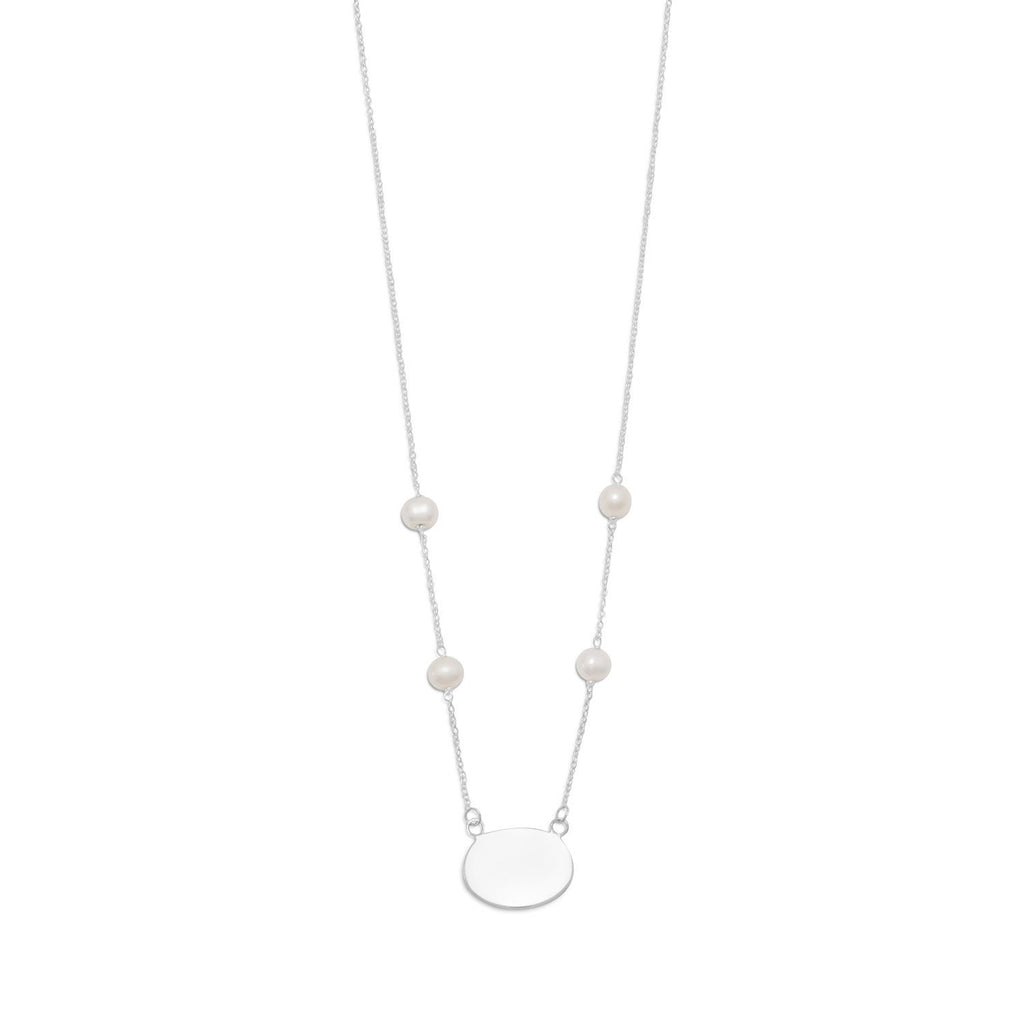 16" ID Tag Necklace with White Cultured Freshwater Pearls