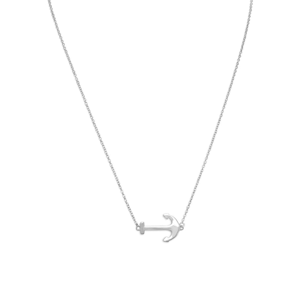 16" + 2" Rhodium Plated Sideways Anchor Necklace