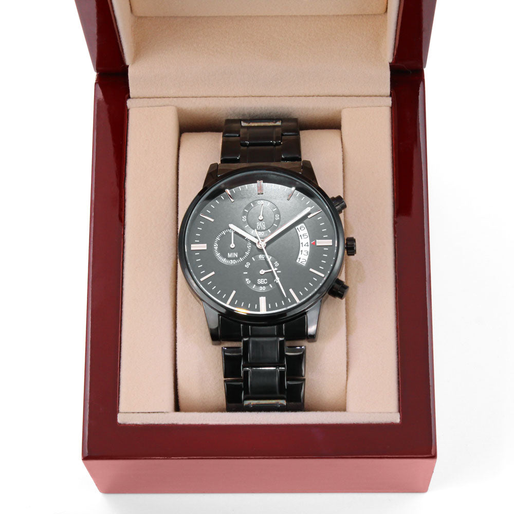 Card Black Chronograph Watch with Engraving