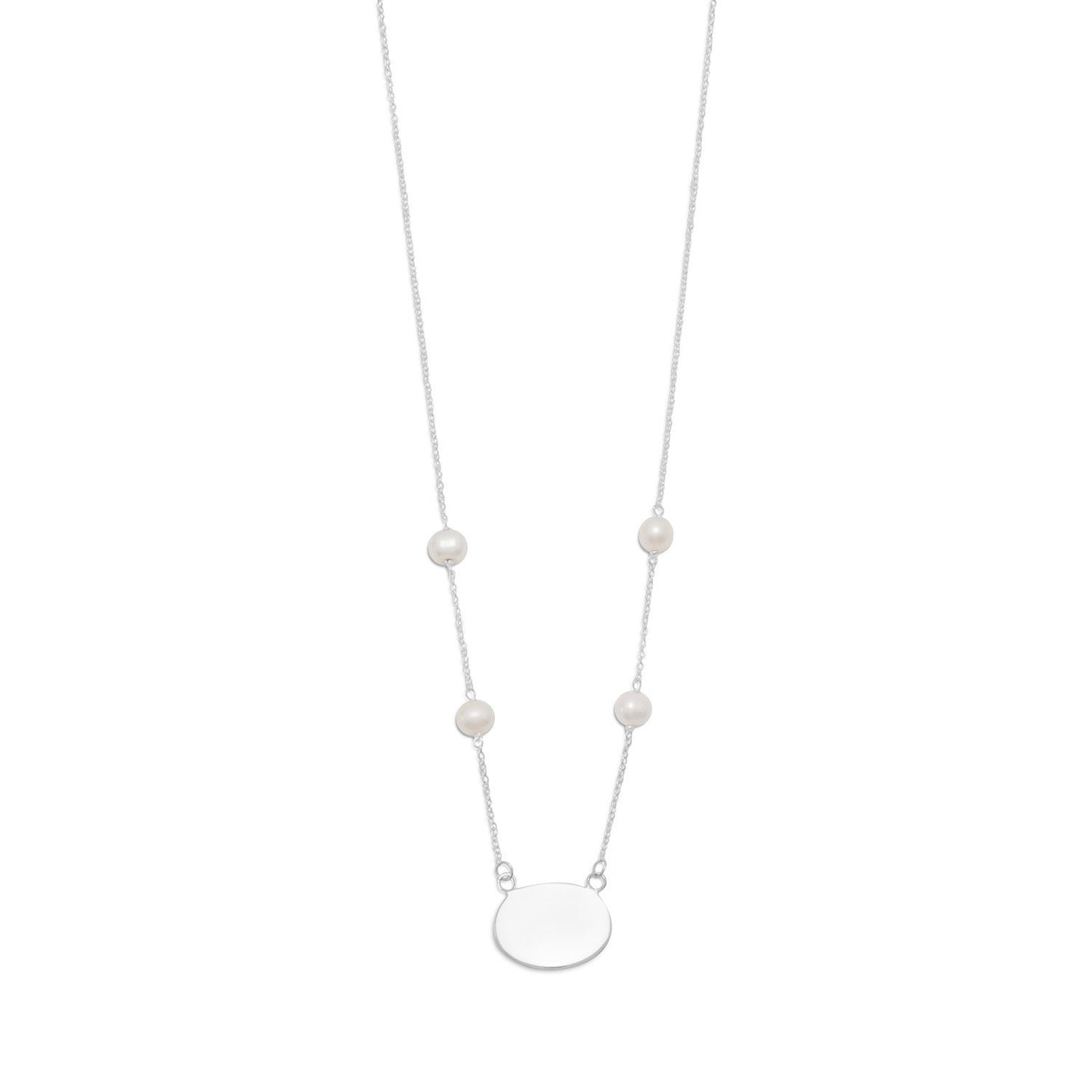 16" ID Tag Necklace with White Cultured Freshwater Pearls