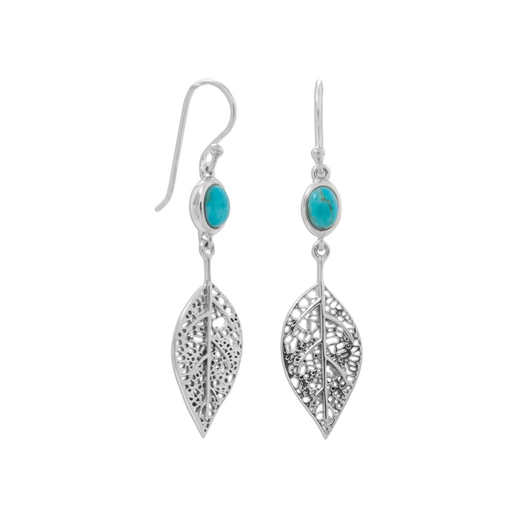 Oxidized Reconstituted Turquoise and Leaf French Wire Earrings