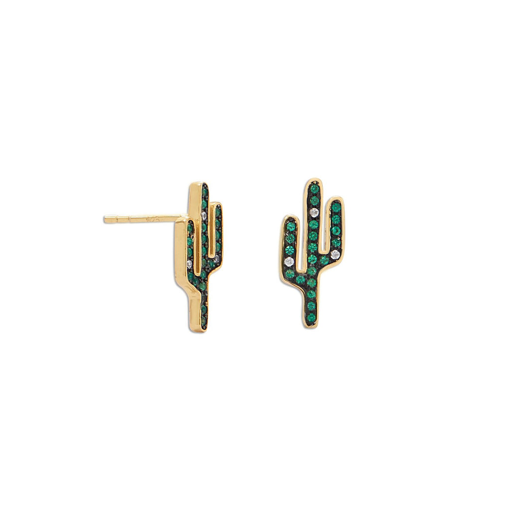 14 Karat Gold Plated CZ Saguaro Cactus Stud Earrings