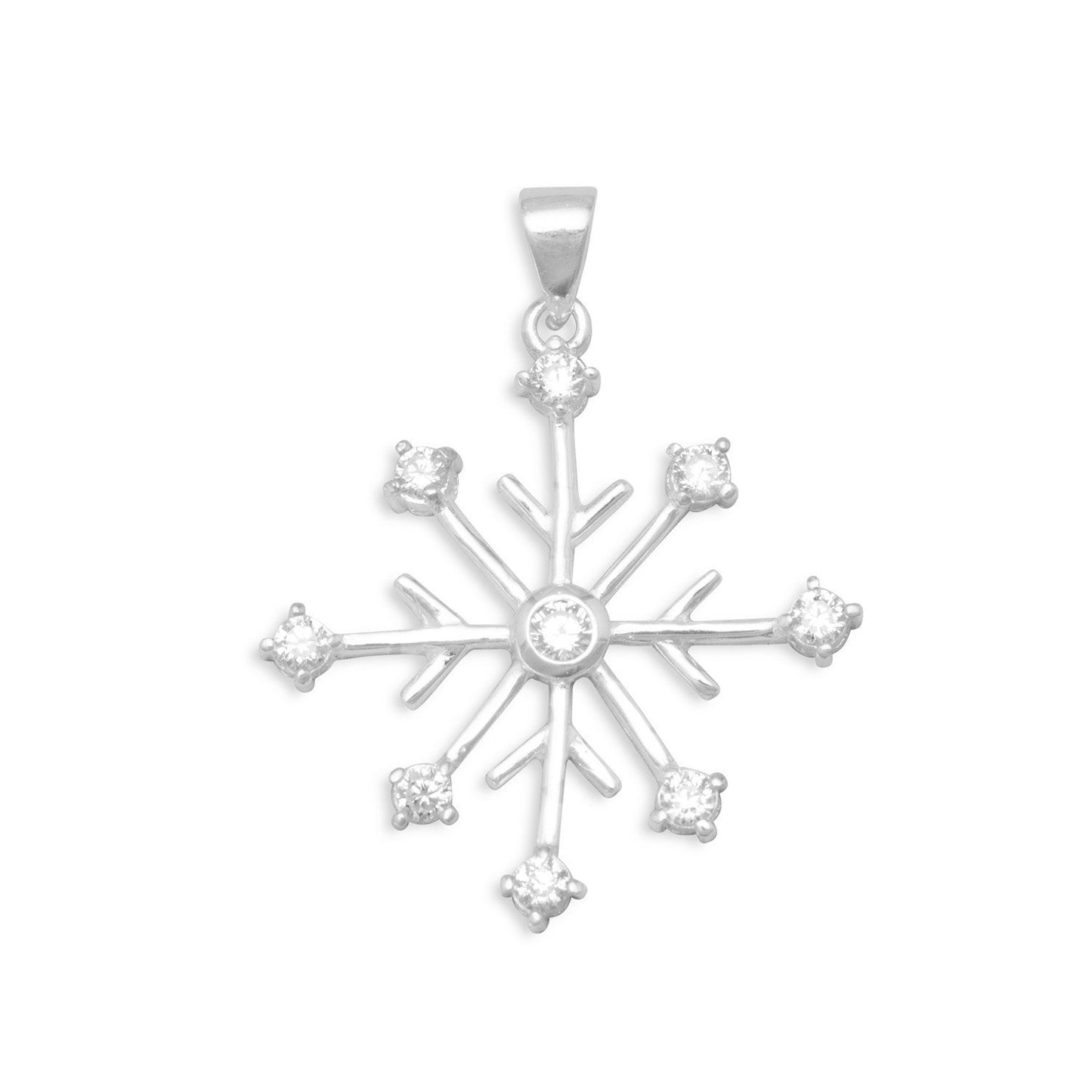 Rhodium Plated 8 Point Snowflake-9 CZ Pendant
