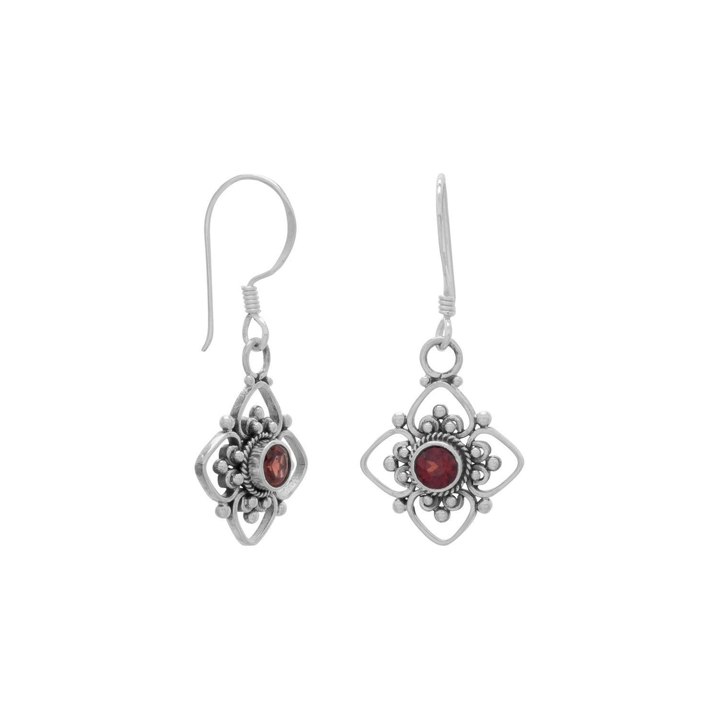 Round Faceted Garnet-Cut Flower Design Earrings on French Wire