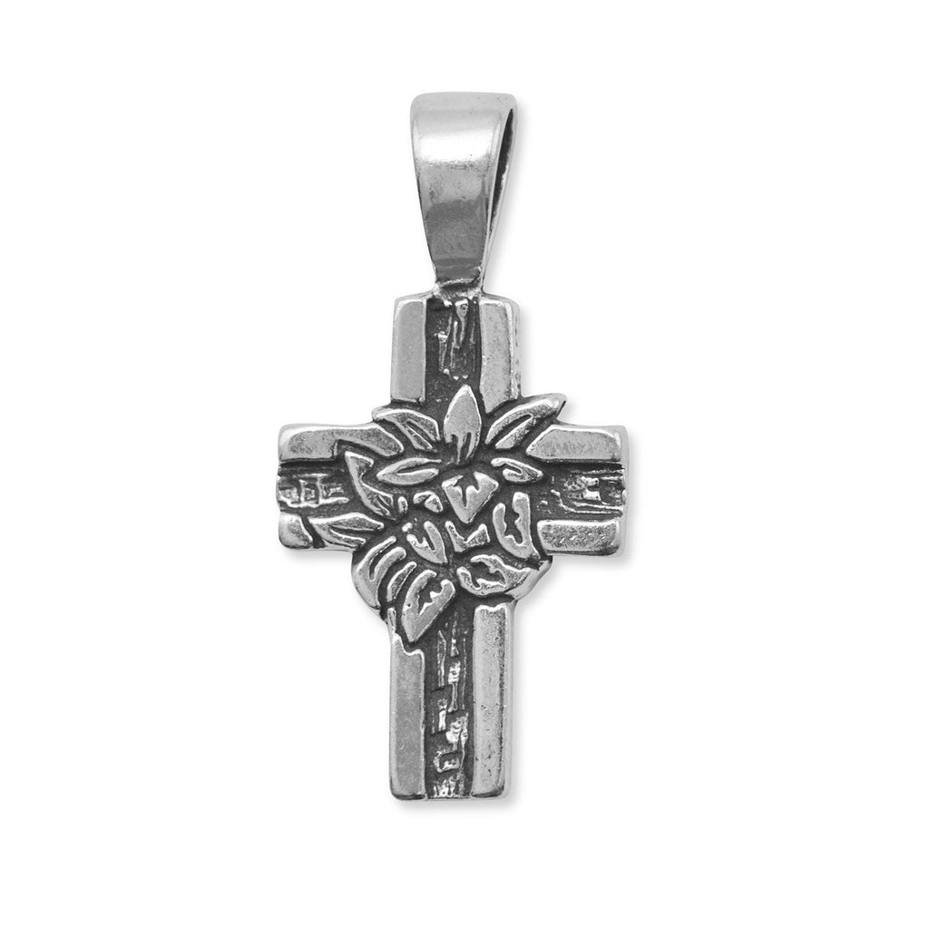 Oxidized Cross Pendant with Lilies
