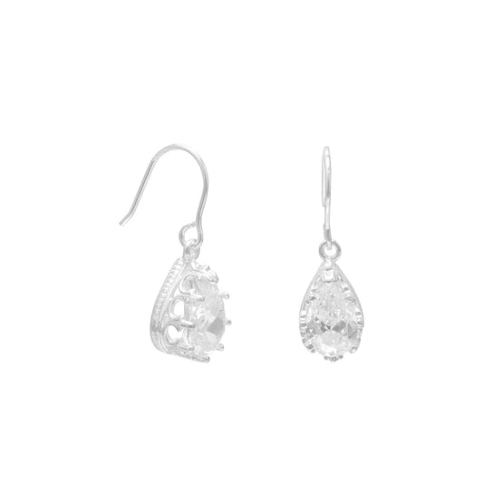 9x7mm Pear Shape CZ-Crown Edge French Wire Earrings