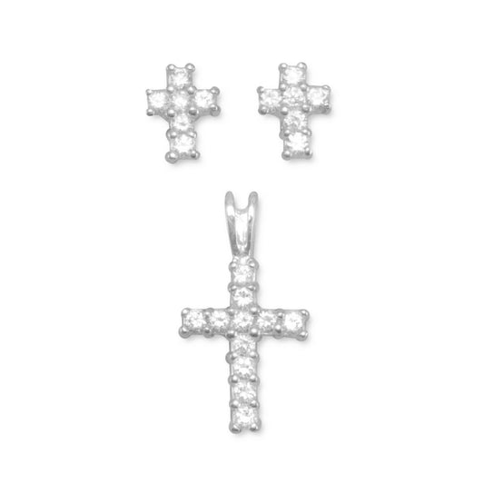 CZ Cross Earrings-Pendant Set
