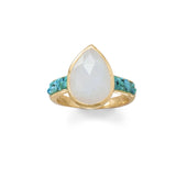 14 Karat Gold Plated Rainbow Moonstone and Crushed Turquoise Ring