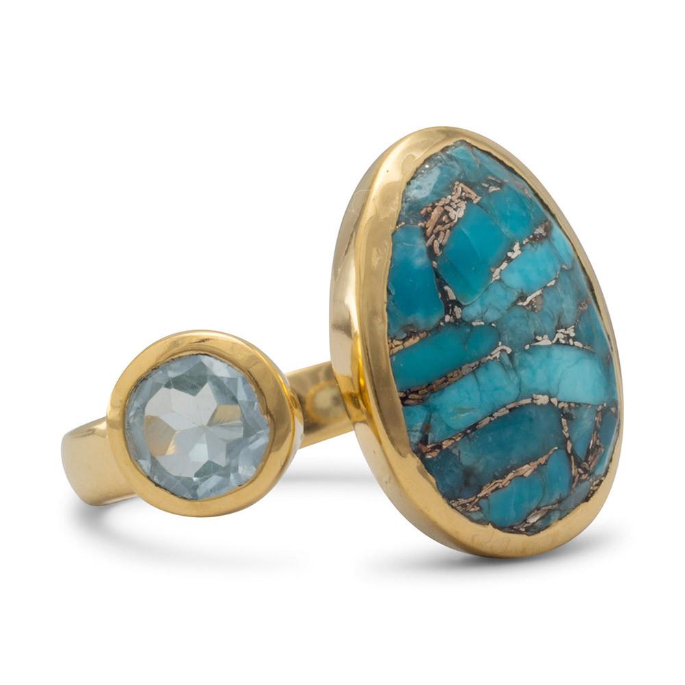 14 Karat Gold Plated Ring with Blue Topaz and Turquoise